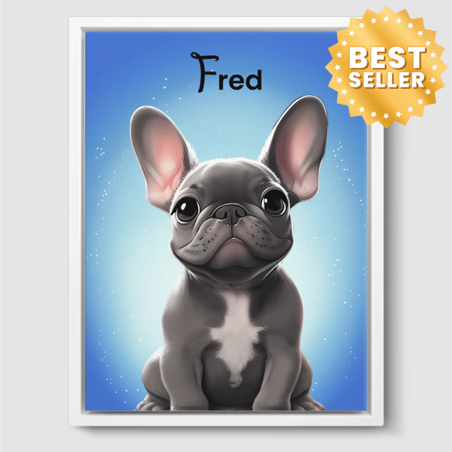 Cartoon Magical Blue Pet Portrait One, Two or Three Pets Poster One 8"x10" Framed Canvas (White)