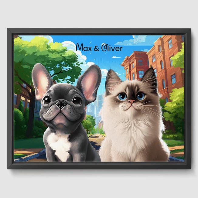 Cartoon Hometown Canvas One, Two or Three Pets Canvas Two 12"x16" Black