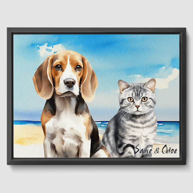 2 Pet Portrait Beagle and British Shorthair Watercolor black framed canvas with coastal calm background