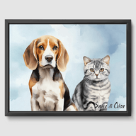 Watercolor Bright Blue Canvas One, Two or Three Pets Canvas Two 12"x16" Black