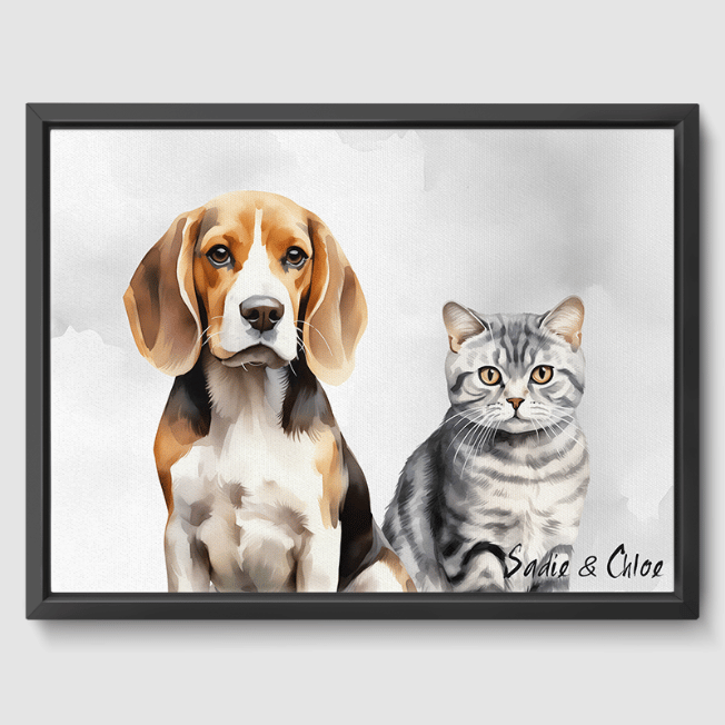 Watercolor Soft Silver Canvas One, Two or Three Pets Canvas Two 12"x16" Black