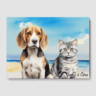 2 Pet Portrait Beagle and British Shorthair Watercolor canvas with coastal calm background