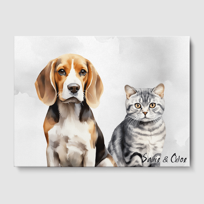 Watercolor Soft Silver Canvas One, Two or Three Pets Canvas Two 12"x16" No Frame