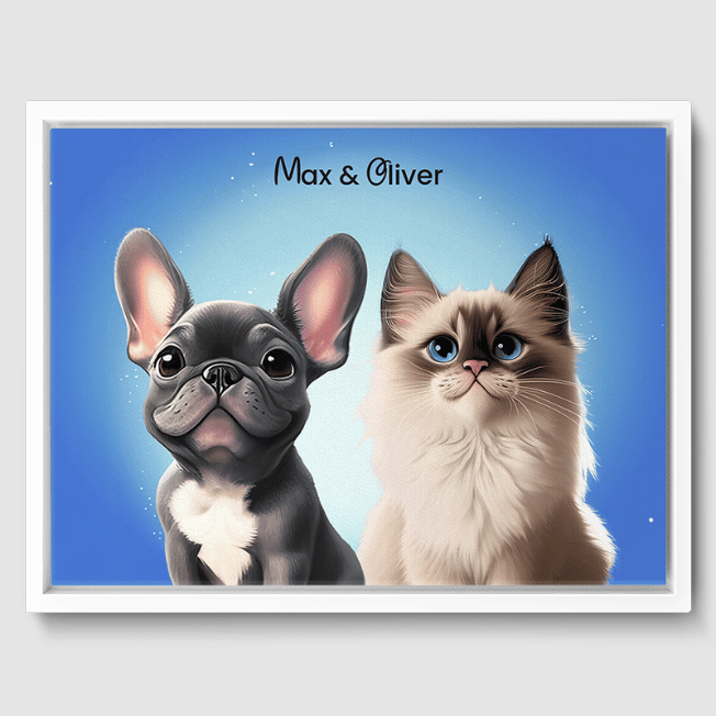 2 Pet Cat and Dog Cartoon Framed Canvas Art