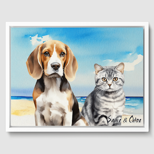 2 Pet Portrait Beagle and British Shorthair Watercolor white framed canvas with coastal calm background