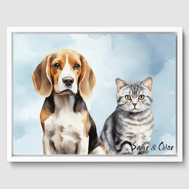 Watercolor Bright Blue Canvas One, Two or Three Pets Canvas Two 12"x16" White