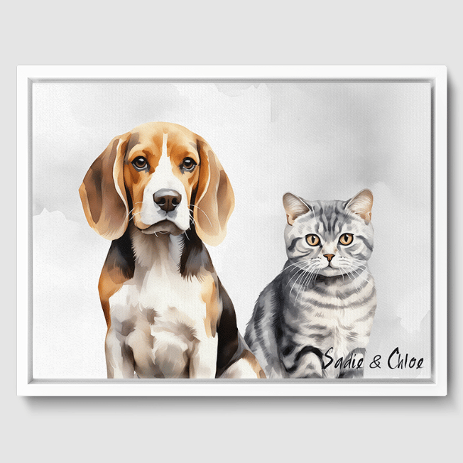 Watercolor Soft Silver Canvas One, Two or Three Pets Canvas Two 12"x16" White