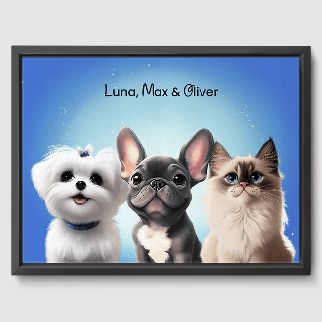 Cartoon Magical Blue Pet Portrait One, Two or Three Pets Poster Three 12"x16" Framed Canvas (Black)