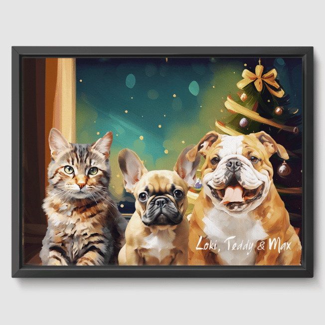 Classic 3 Pet Portrait  PetPortraits.com Christmas 12" x 16" Canvas - Black Frame