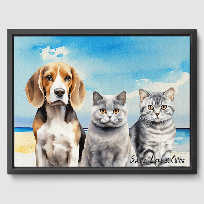Watercolor Coastal Calm Canvas One, Two or Three Pets Canvas Three 12"x16" Black