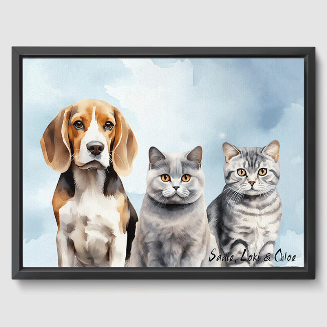 Watercolor Bright Blue Canvas One, Two or Three Pets Canvas Three 12"x16" Black