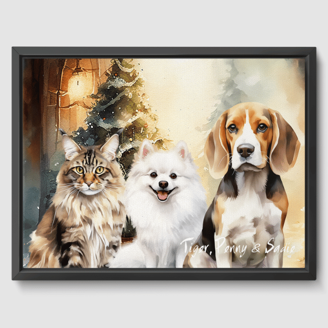 Watercolor 3 Pet Portrait  PetPortraits.com Christmas 12" x 16" Canvas - Black Frame