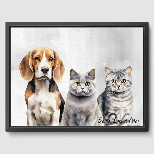 Watercolor Soft Silver Canvas One, Two or Three Pets Canvas Three 12"x16" Black