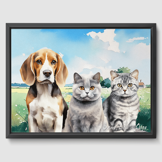 Watercolor Summer Meadow Canvas One, Two or Three Pets Canvas Three 12"x16" Black
