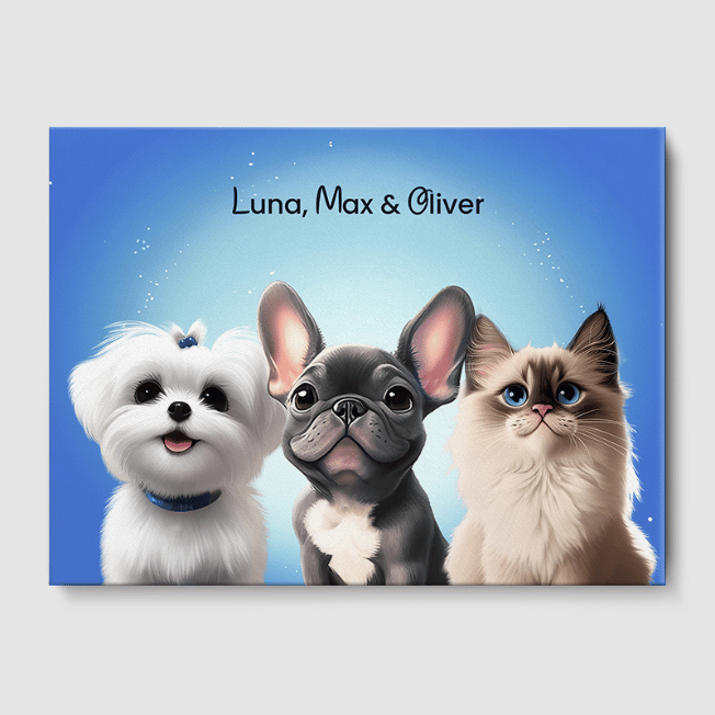 Cartoon Magical Blue Pet Portrait One, Two or Three Pets Poster Three 12"x16" Unframed Canvas