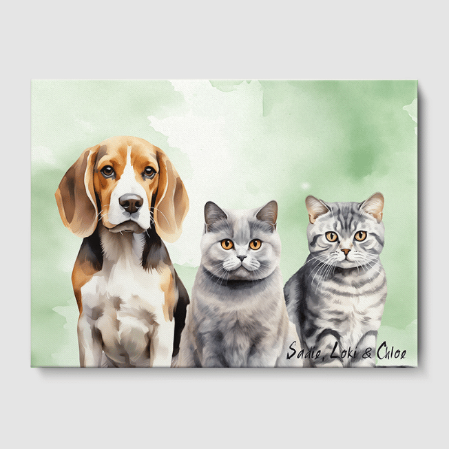 Watercolor Olive Aura Canvas One, Two or Three Pets Canvas Three 12"x16" No Frame