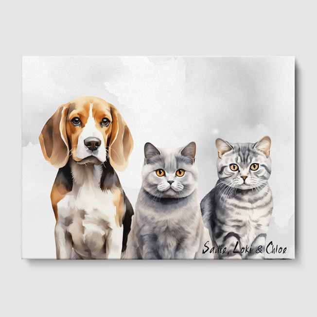 Watercolor Soft Silver Canvas One, Two or Three Pets Canvas Three 12"x16" No Frame