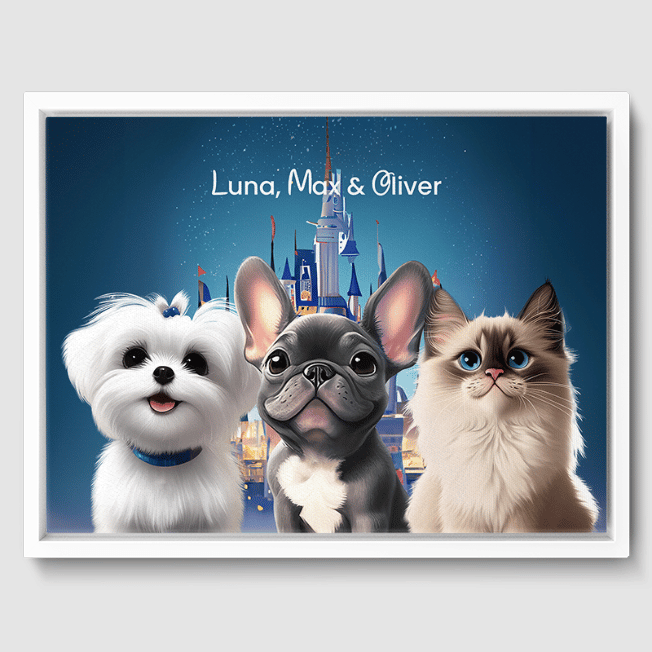 Cartoon Fairytale Castle Canvas One, Two or Three Pets Canvas Three 12"x16" White