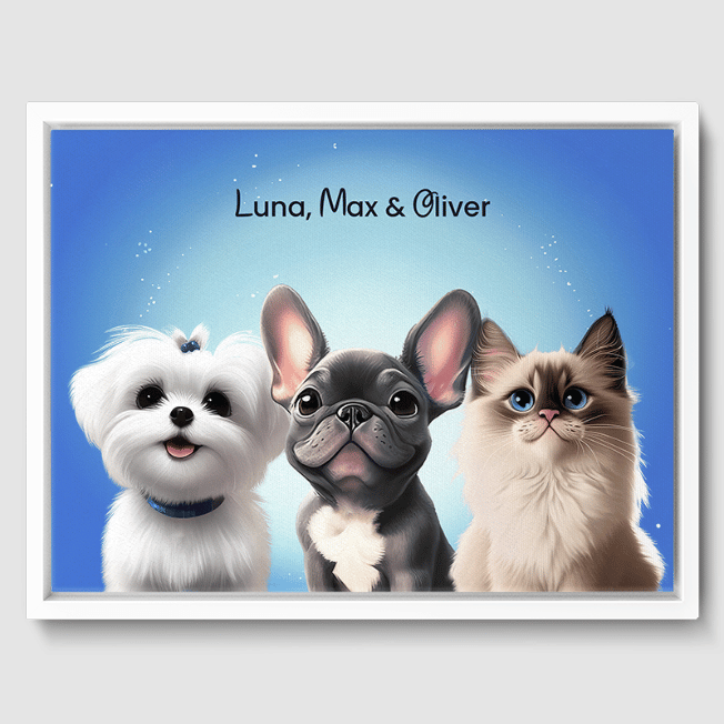 Cartoon Magical Blue Pet Portrait One, Two or Three Pets Poster Three 12"x16" Framed Canvas (White)