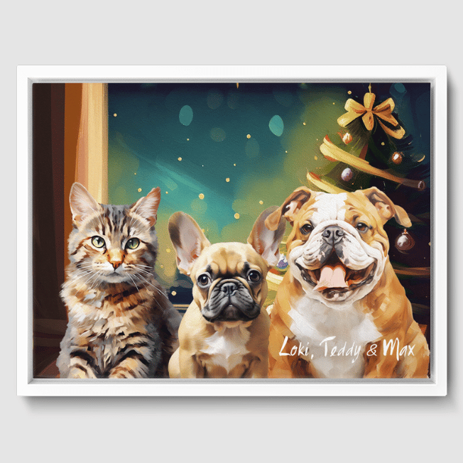 Classic 3 Pet Portrait  PetPortraits.com Christmas 12" x 16" Canvas - White Frame