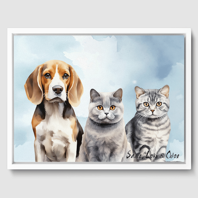 Watercolor Bright Blue Canvas One, Two or Three Pets Canvas Three 12"x16" White