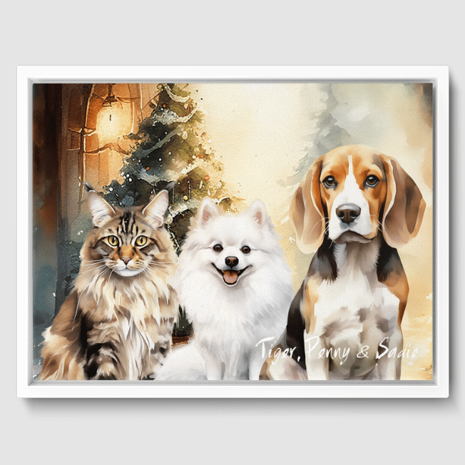 Watercolor 3 Pet Portrait  PetPortraits.com Christmas 12" x 16" Canvas - White Frame