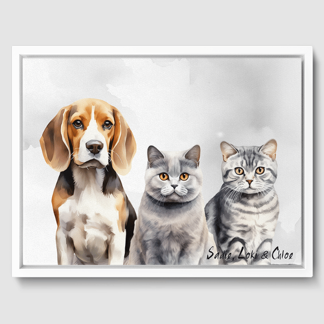 Watercolor Soft Silver Canvas One, Two or Three Pets Canvas Three 12"x16" White