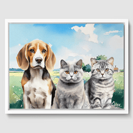 Watercolor Summer Meadow Canvas One, Two or Three Pets Canvas Three 12"x16" White