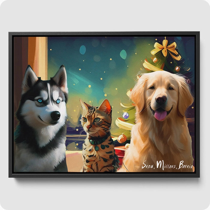 Impressionist Pet Portrait - 3 Pet  PetPortraits.com Christmas 12" x 16" Canvas - Elegant Black