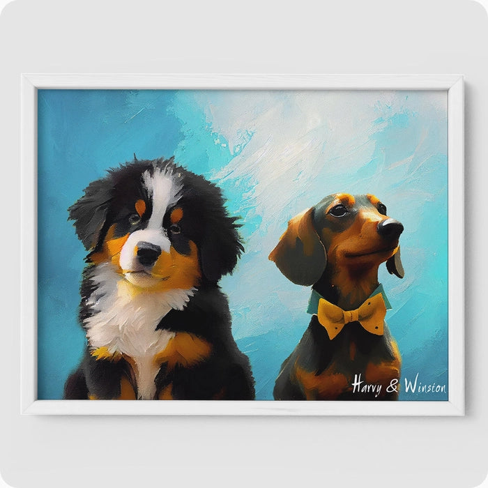 Impressionist Pet Portrait - 2 Pet  PetPortraits.com Sky Blue 12" x 16" Poster - Sophisticated White