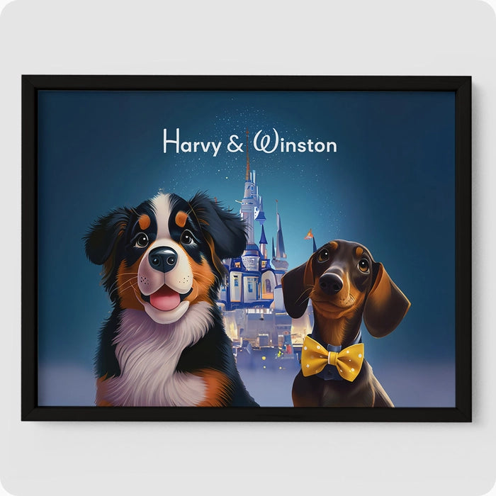 Custom Pet Portrait - 2 Pet  PetPortraits.com Fairytale Castle 12" x 16" Poster - Elegant Black