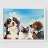 Watercolor Pet Portrait - 3 Pet  PetPortraits.com Beach 12" x 16" Poster - Sophisticated White