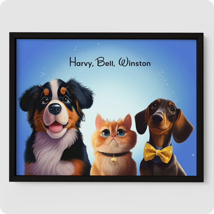 Custom Pet Portrait - 3 Pet  PetPortraits.com Magical Blue 12" x 16" Poster - Elegant Black