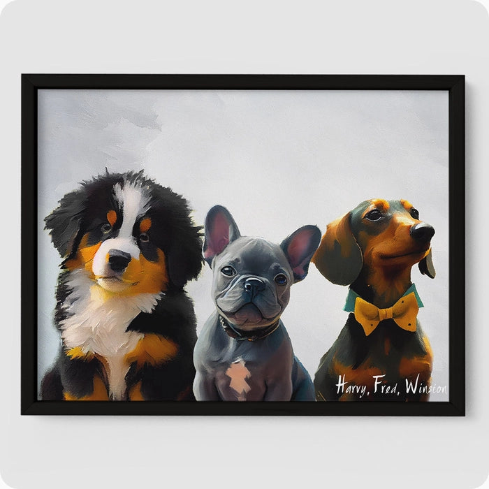 Impressionist Pet Portrait - 3 Pet  PetPortraits.com Cloudy Grey 12" x 16" Poster - Elegant Black