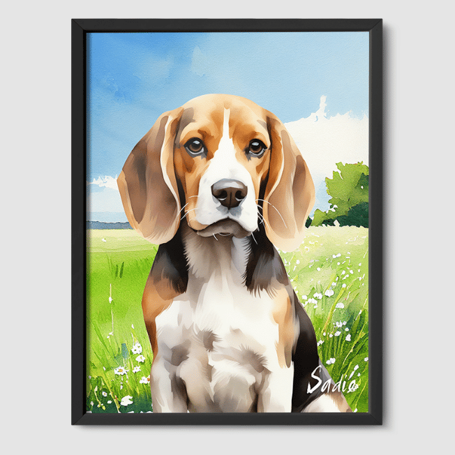 Watercolor 1 Pet Portrait  PetPortraits.com Summer Meadow 8" x 10" Poster - Black Frame