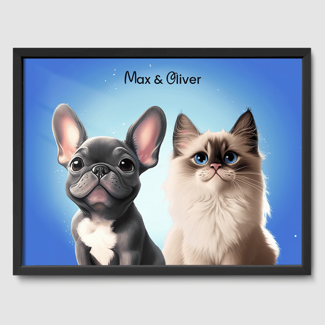 Cartoon Magical Blue Pet Portrait One, Two or Three Pets Poster Two 12"x16" Framed Print (Black)