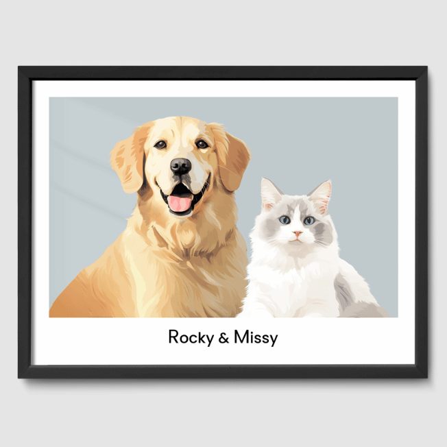 Modern 2 Pet Portrait  PetPortraits.com Soft Silver 12" x 16" Poster - Black Frame