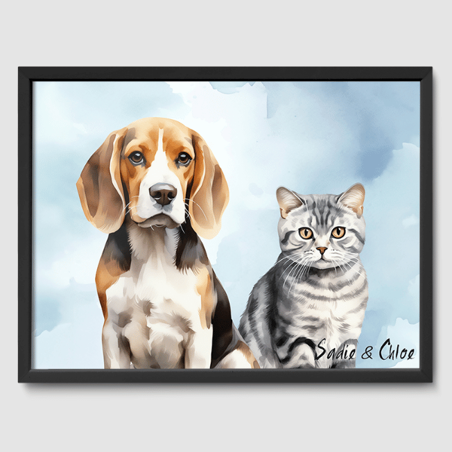 Watercolor 2 Pet Portrait  PetPortraits.com Sky Blue 12" x 16" Poster - Black Frame