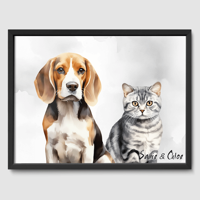 Watercolor Soft Silver Poster One, Two or Three Pets Poster Two 12"x16" Black