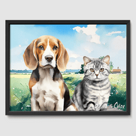 Watercolor Summer Meadow Poster One, Two or Three Pets Poster Two 12"x16" Black