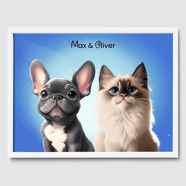 Cartoon 2 Pet Portrait  PetPortraits.com Magical Blue 12" x 16" Poster - White Frame