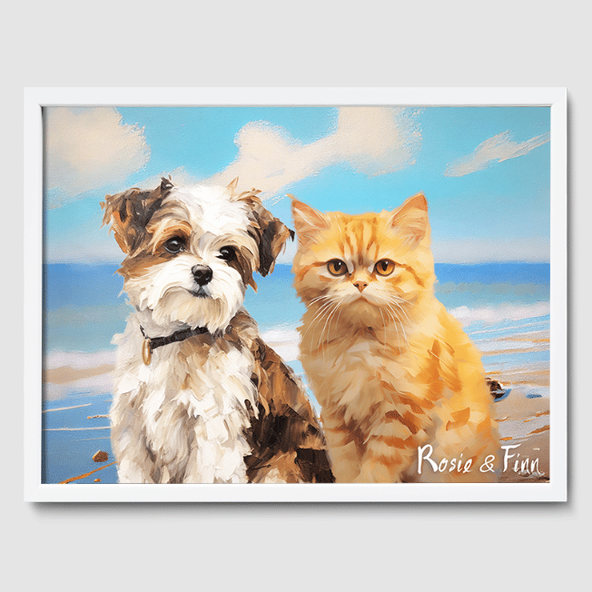Classic Bright Beach Poster One, Two or Three Pets Poster Two 12"x16" White