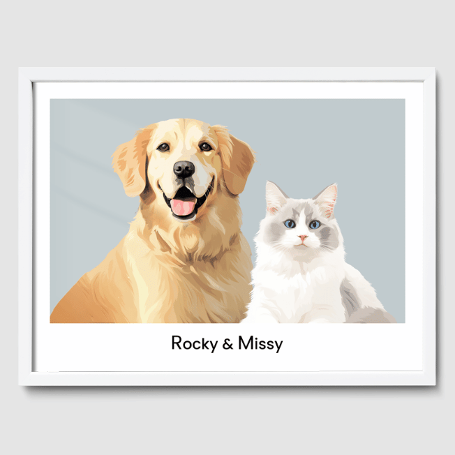 Modern 2 Pet Portrait  PetPortraits.com Soft Silver 12" x 16" Poster - White Frame