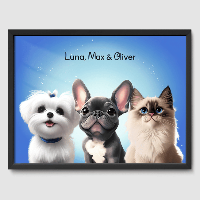 Cartoon Magical Blue Poster One, Two or Three Pets Poster Three 12"x16" Black