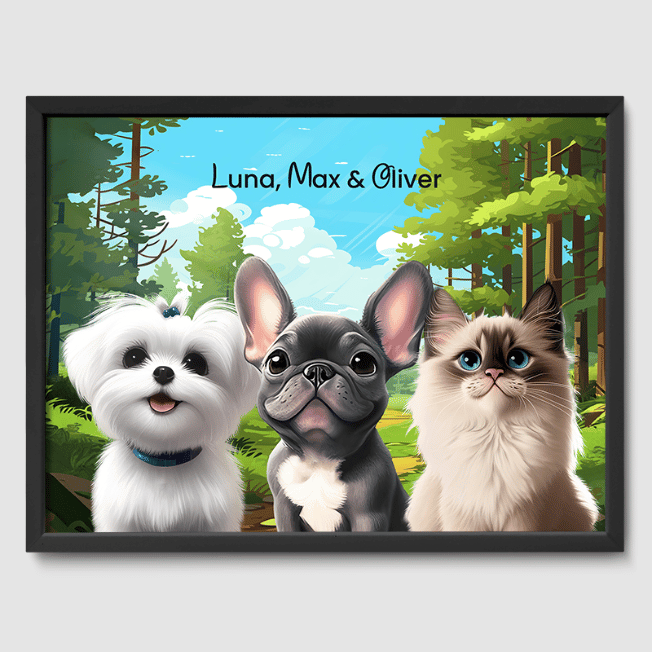 Cartoon Warm Woodland Poster One, Two or Three Pets Poster Three 12"x16" Black