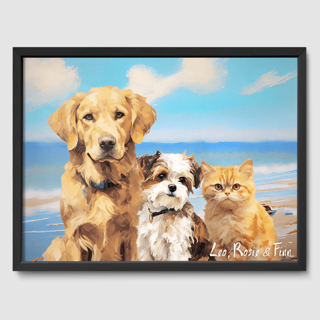 Classic Bright Beach Poster One, Two or Three Pets Poster Three 12"x16" Black
