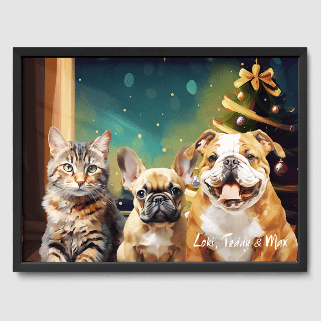 Classic 3 Pet Portrait  PetPortraits.com Christmas 12" x 16" Poster - Black Frame