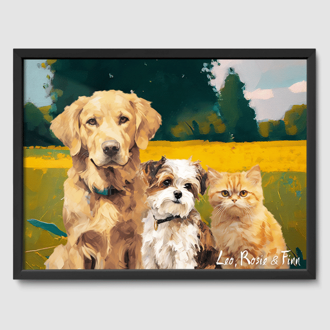 Classic Golden Meadow Poster One, Two or Three Pets Poster Three 12"x16" Black