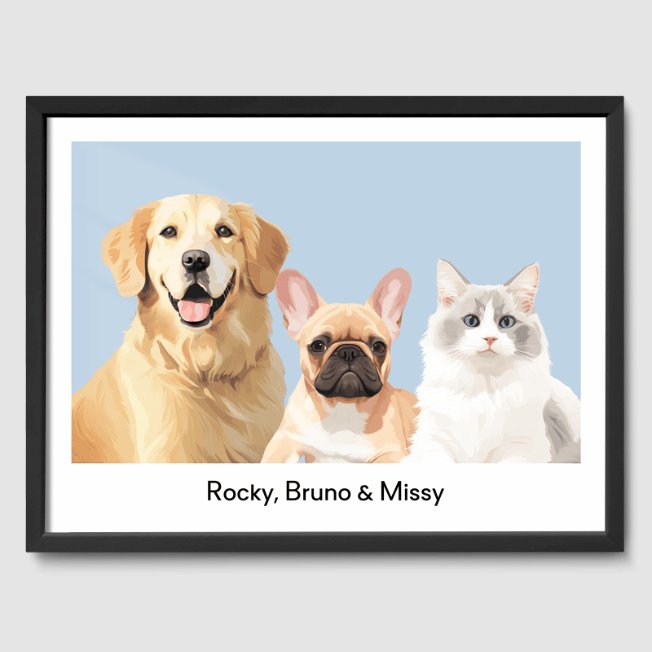 Modern 3 Pet Portrait  PetPortraits.com Baby Blue 12" x 16" Poster - Black Frame