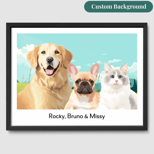 Modern 3 Pet Portrait  PetPortraits.com Custom 12" x 16" Poster - Black Frame